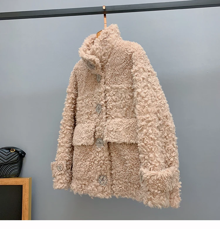 Sheep Sheared Jackets Winter Women Female Real Lamb Fur Single Breasted Coat New Calorie Roll Stand Collar Streetwear