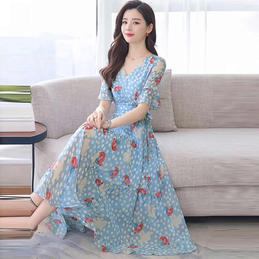 Summer Women Dress Ladies V-Neck Short Sleeve Mid-Calf Dresses Floral Print Slim A-Line Casual Loose Clothes vestidos | Женская одежда