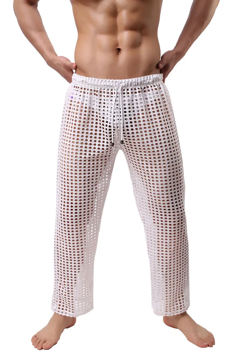 Men's Fashion Sexy Transparent Mesh Pants Drawstring Breathable Trousers Fashion Loose Casual Pajama Pants - Цвет: Белый