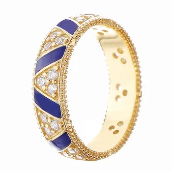 

Authentic 925 Sterling Silver Ring Golden Shine Stones And Stripes Ring Blue Enamel For Women Wedding Gift Fine Jewelry