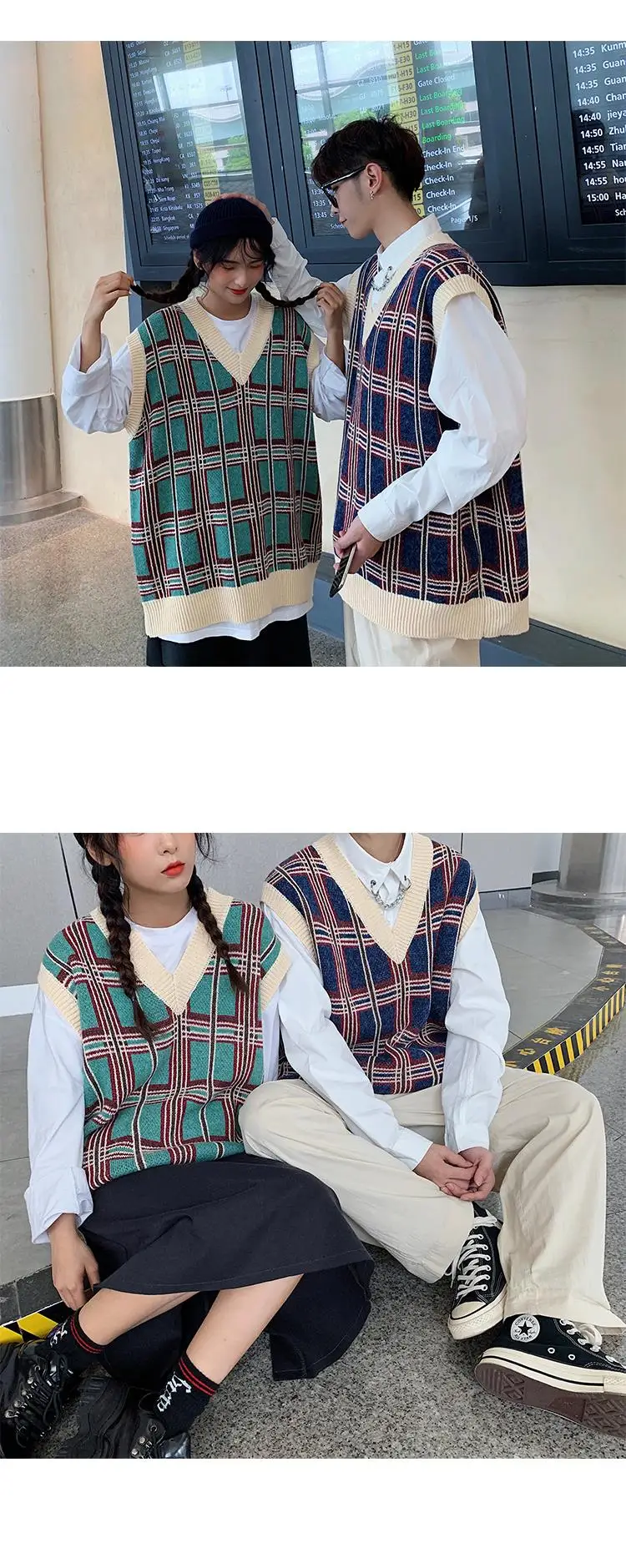 Privathinker Couple Autumn Plaid Pullovers Top Clothes Men Woman Knitted Fashion Vests Lady Sleeveless V-Neck Sweater Vests