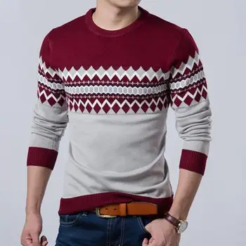 

Men Casual Long Sleeve O Neck Geometric Print Slim Knitwear Bottoming Sweater Men's pattern patchwork round neck woolen sweater