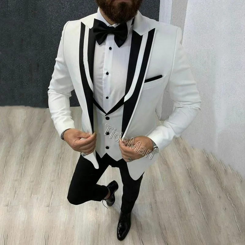 357 Latest White Suits for Wedding Tuxedos Groom Wear Black Peaked Lapel Groomsmen Outfit Man Blazers 3Piece trajes de hombre Costume HommeTideMan