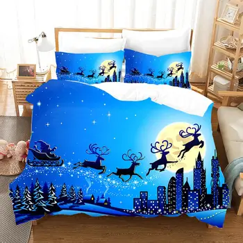 

Blue Christmas 200×200 Duvet Cover Set With Pillowcase,200×230 Quilt Cover,3D Printing Elk Pattern Blanket Cover King Size
