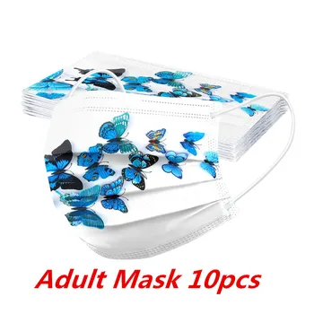 

10PCS Adult Mask Cartoon butterfly Disposable Face Mask Solid Print Mouth Cover Face Mask 3Ply Ear Loop Breath Mask Mascarilla