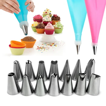 

16 Pcs/Set Silicone Piping Nozzles Stainless Steel Nozzle Cream Confectionery Bag Cake Decorating Tools