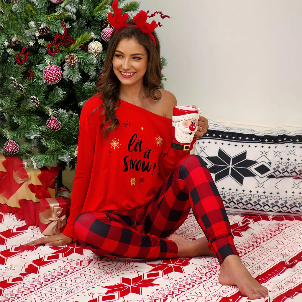 Женская рождественская одежда для сна, комплект в клетку с надписью, футболка с длинным рукавом, брюки, одежда для сна, пижама, пижамы, одежда для сна