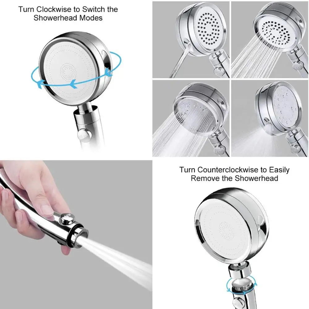 Handheld Shower Head High Pressure 5 Function Adjustable Bath Shower Jets with On/Off Pause Switch Removable Filter with Hose