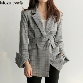 

Mozuleva Spring Autumn Women Gray Plaid Office Lady Blazer Fashion Bow Sashes Split Sleeve Jackets Elegant Work Blazers Feminino