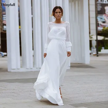 

Thinyfull Chiffon Beach Wedding Dresses Long Sleeves Boho Country Wedding Party Gowns Beaded Scoop Vestidos Bridal Gowns Mariage