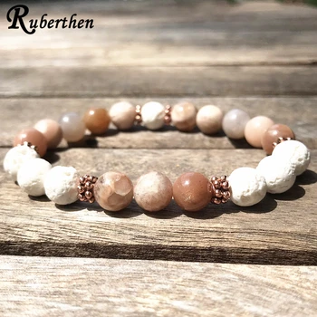 

Ruberthen Flower Sunstone Stretch Bracelet White Lava Essential Oil Diffuser Bracelet Natural Gem stone Wrist Mala Bracelet