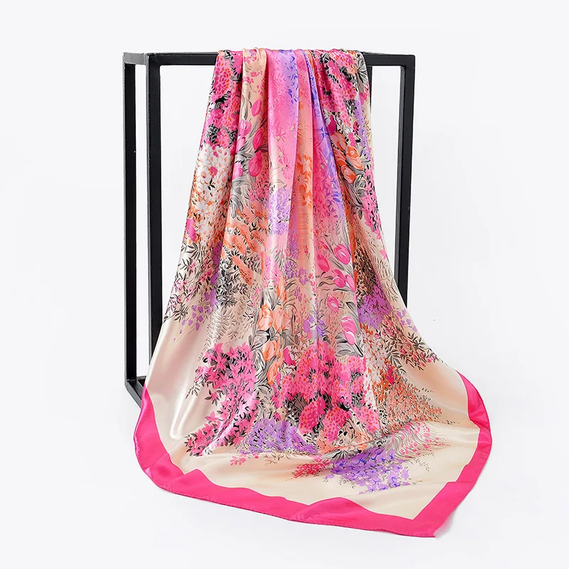 Модный Цветочный платок с принтом Шелковый атласный шарф для волос для женщин квадратные шали и обертывания 90*90 см зимний шейный шарф для женщин - Цвет: 05
