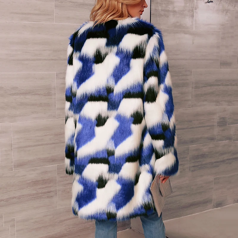 Длинное пальто из искусственного меха размера плюс, смешанные цвета, Женская пушистая теплая верхняя одежда, зимнее плотное пальто, куртка с длинным рукавом, меховое пальто