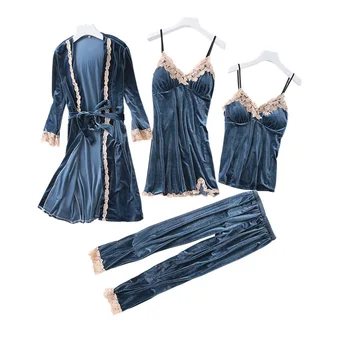 

Fashion Gray Gold Velvet 4 Peices Warm Pajamas Set Women Sexy Lace Sling Pajamas Winter Sleepwear Long Sleeves Nightwear