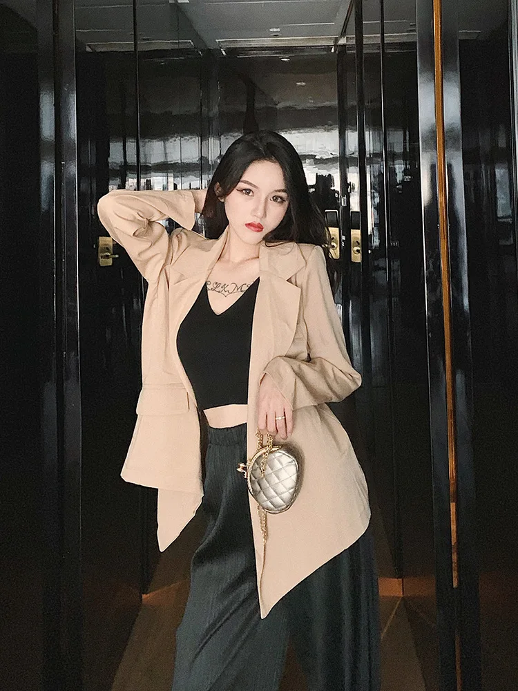 

2019 Autumn Clothing New Style Korean-style Long Sleeve Waist Hugging Slimming Double Breasted Loose-Fit Solid Color Retro Suit