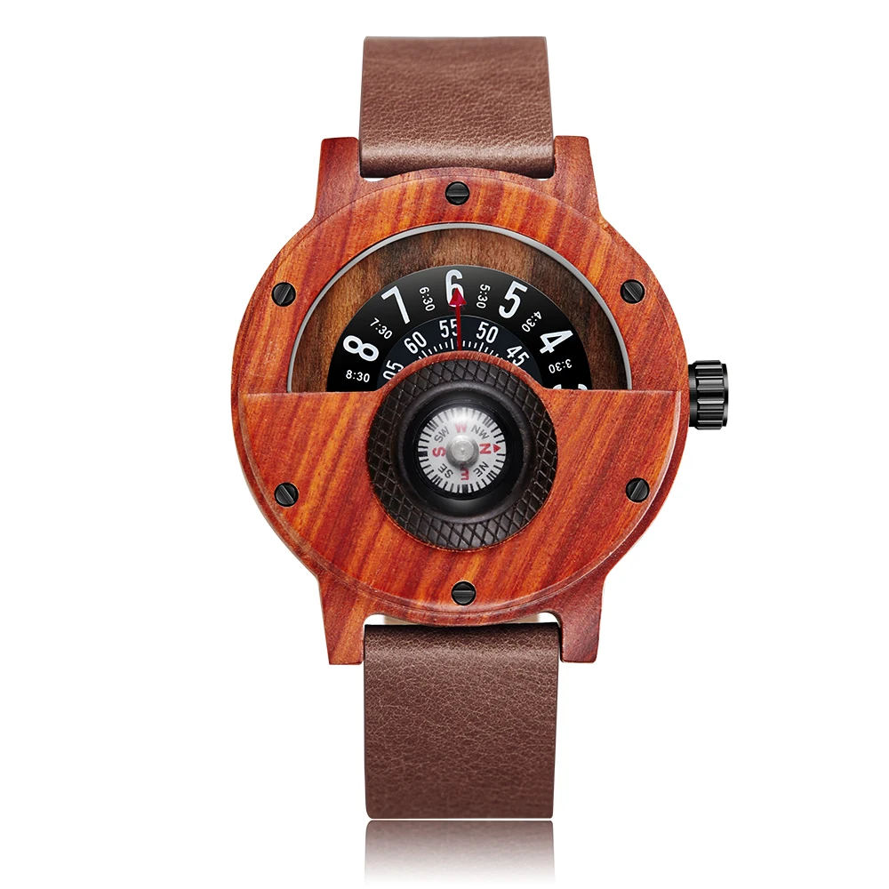 Creative Wood Watch Unique Compass Turntable Wood Watches Men's Semicircle Dial Clock Quartz Clock Retro Hour Relogio Masculino oirlv wooden watch stand for watch display watches organizer t frame wooden jewelry display stand solid wood tshape watch holder