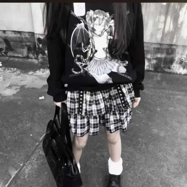 HOUZHOU Gothic Mall Goth Plaid Skirt Women Harajuku Punk Rivet Black Double-layer High-waisted Mini Skirts Dark Academia Grunge