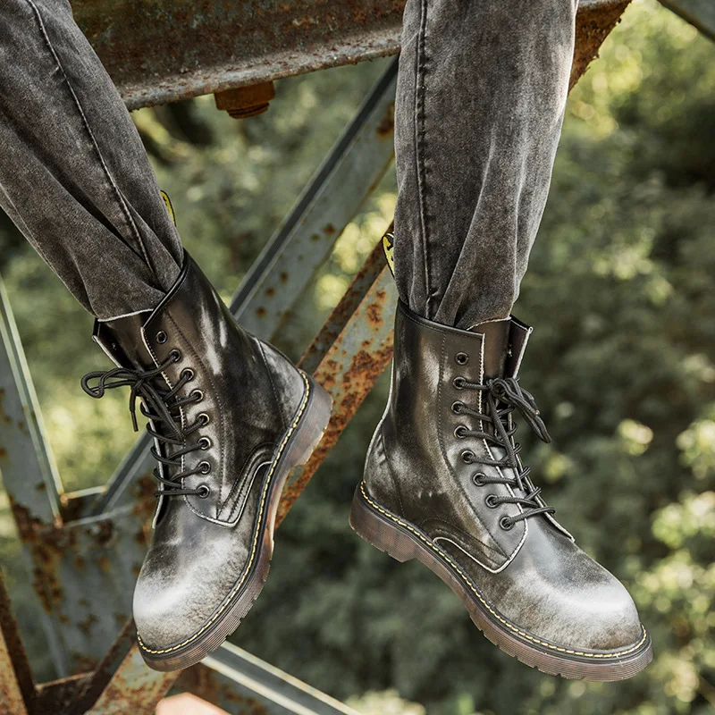 

Fashion Retro Chelsea Boots Men Ankle Round Toe Lace-Up Boots SolidLow Cross-tied Motorcycle Shoes