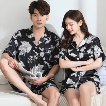 

Print Couple Pajamas Set Stain Silky Pyjamas Suit Short Sleeve Sleep Set Men& 2 PCS Shirt&Shorts Nightgown Summer Homewear