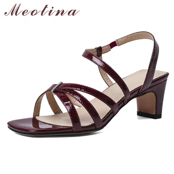 

Meotina Genuine Leather High Heel Sandals Narrow Band Women Shoes Square Toe Thick Heels Footwear Summer Sandals Female Beige 40