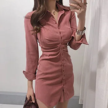 

Neploe 2020 Korean Chic Elegant Slim Dress Single Breasted Turn Down Collar Vestidos Long Sleeve Retro High Waist Dresses 57025