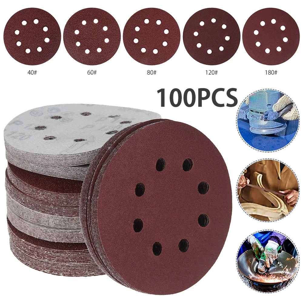 100PCS 125mm Round Sandpaper Sanding Discs  Eight Hole Disk 40-180 Grit Sanding Paper Sander Disc Abrasive Polishing Tools