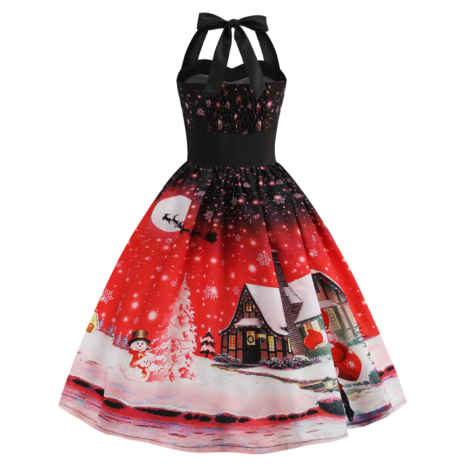 Рождественское винтажное платье Хепберн с бретельками на шее, платье без рукавов с вышивкой - Цвет: Красный