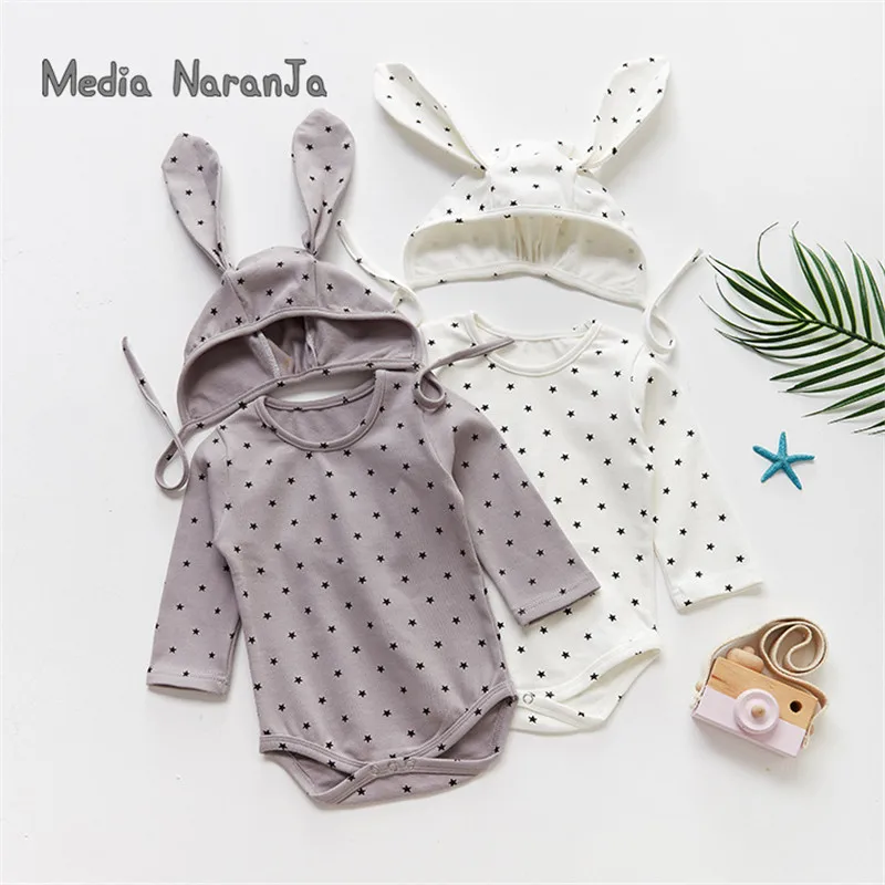 

INS 2019 autumn new girls infants toddler cute rabbit star print long sleeve bodysuit with hat bunny costume twins clothing