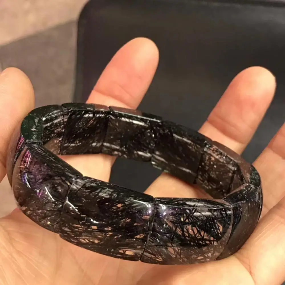 

Top Quality Natural Black Rutilated Quartz Gemstone Women Men 19x16mm Rectangle Beads Wealthy Stone Bracelet Bangle AAAAA