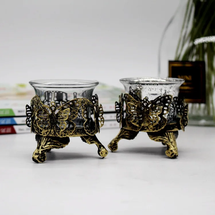 Retro Glass Candlestick Retro Varved Hollow out Candlestick Ornaments Dinner Atmosphere Decoration Candle Cup tie zhu bei