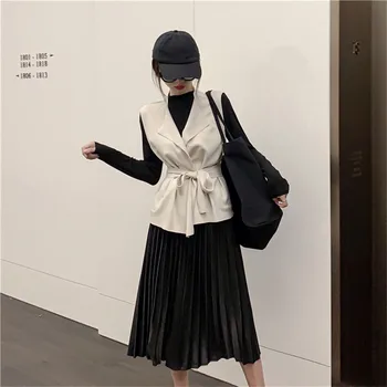 

Women 3 Piece Sets 2019 New Autumn Korean Fashion Tracksuit Elegant Vest +Bottoming Shirt +Midi Skirt Matching Sets OL Outfits