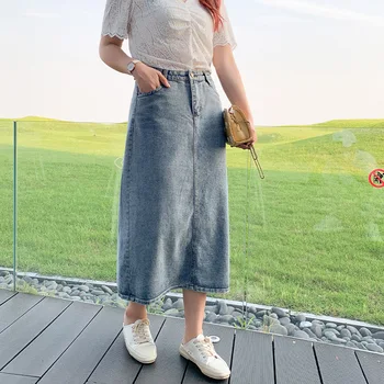 

Denim Skirts Women High Quality High Waist Casual A-line Plus Size Blue Basic Skirts Elastic Ladies Midi Skirt Saia 4XL