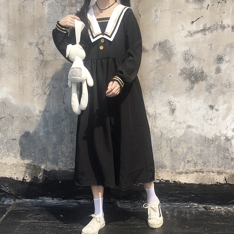 

Preppy Dresses Female Kawaii Sailor Collar Clothing Japanese Vestidos Girls A-line Solid Mid-Calf Empire Dress Clothes for Women