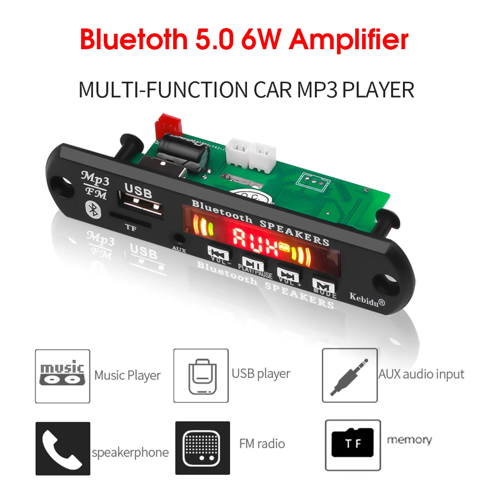 

KEBIDU Hands-free Bluetooth Amplifier MP3 Player Decoder Board 5V 12V Car FM Radio Module Support FM TF USB AUX Audio Wireless