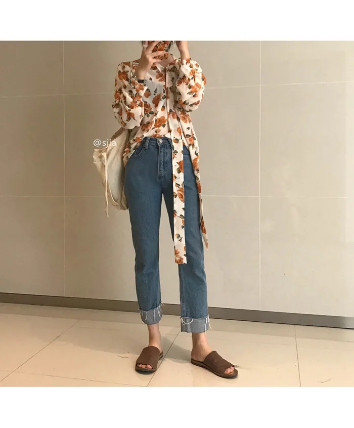 Neploe Women Chiffon Blouse Full Rose Printed Shirt Long Lantern Sleeve V-neck Elegant Tops New Fashion Lace Up Blusa 55645