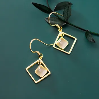 

DAIWUJAN New 100% 925 Sterling Silver Temperament Opal Square Short Drop Earrings For Women Femme Gold Dangle Jewelry Gifts