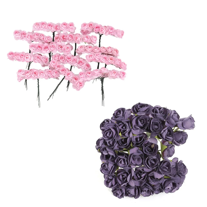 288 шт мини маленькая бумага искусственные розы цветы с бутонами DIY ремесло Свадебный декор дома, 144 шт светло-фиолетовый и 144 шт