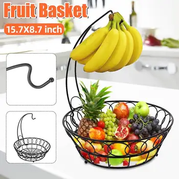 

2 in 1 Banana Hanger Fruit Bowl Metal Iron Holder Storage Basket Stand Hook Home Kitchen Storage Bowl Fruit Plates Display Rack