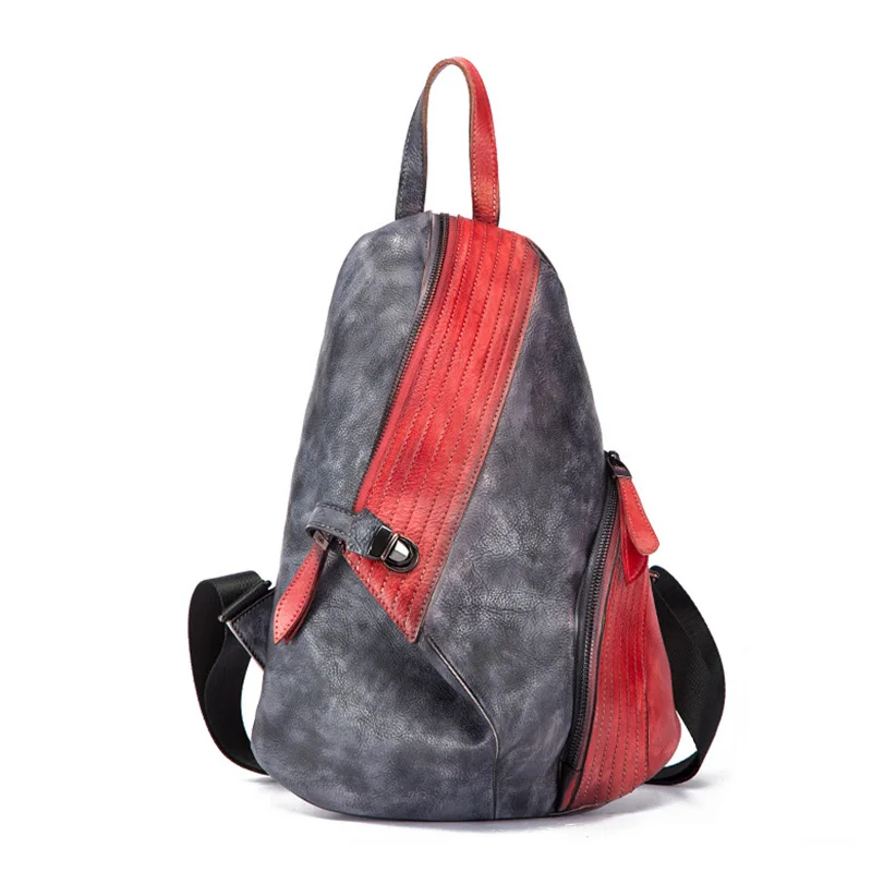 red biack Женский рюкзак из натуральной кожи, винтажные Лоскутные рюкзаки для девочек, уникальный дизайн, водонепроницаемый кожаный женский рюкзак большой вместимости - Цвет: red biack