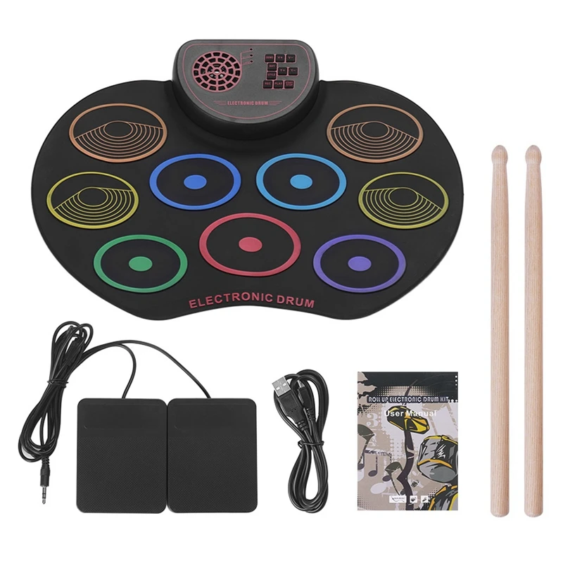 Kit de almohadilla de tambor enrollable Digital juego de tambor electrónico portátil USB 9 almohadi