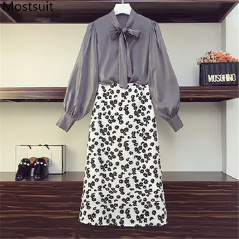 

Office Fashion 2 Piece Skirt Sets Women Long Sleeve Bow Blouse + Chiffon Daisy Printed A-line Skirt Suits Elegant Ladies Sets