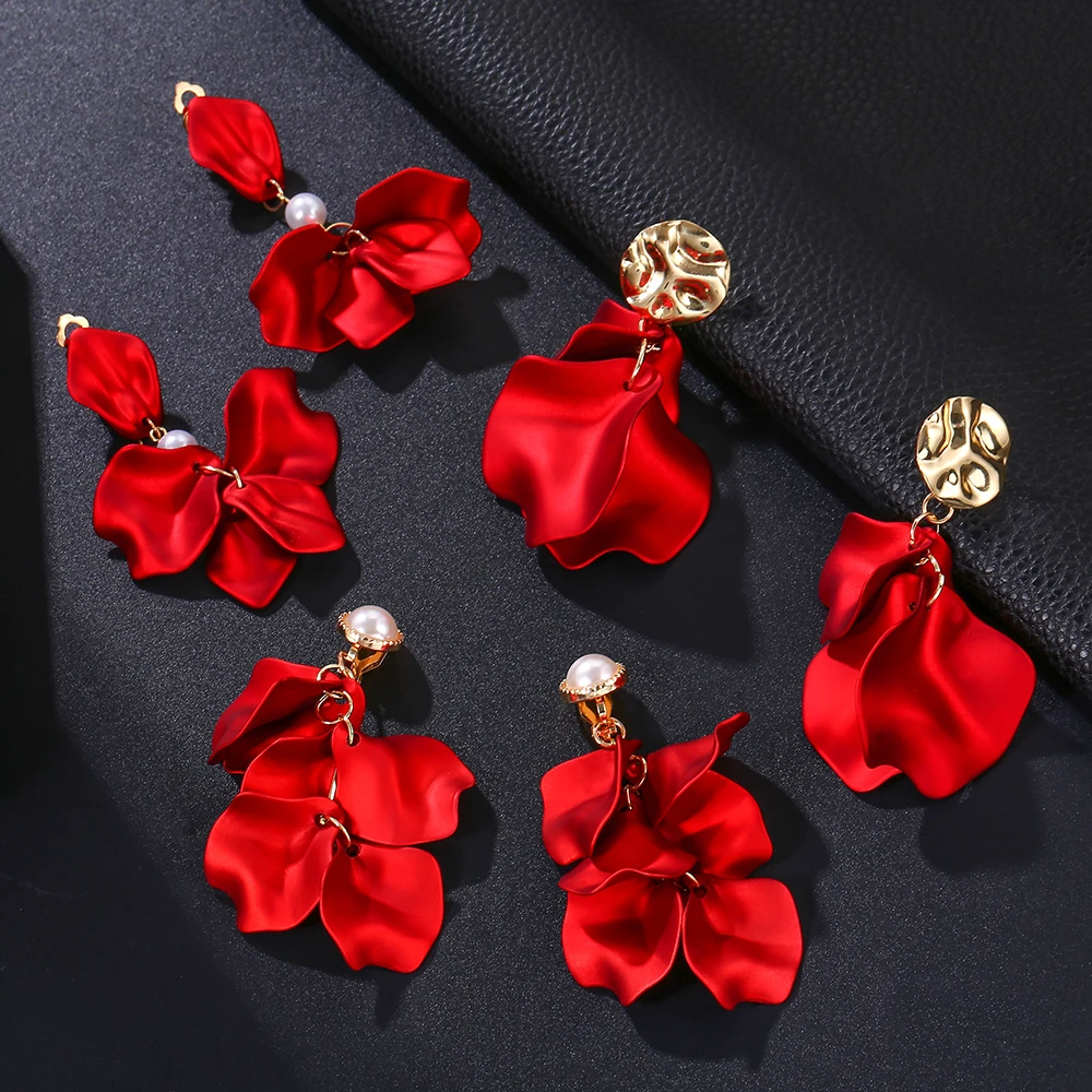 New Design Fashion Statement Red Flower Petal Clip on Earrings for Women New Hot Party Earring for Women Jewelry ear clip earrings clip earrings ear clip ear accessories