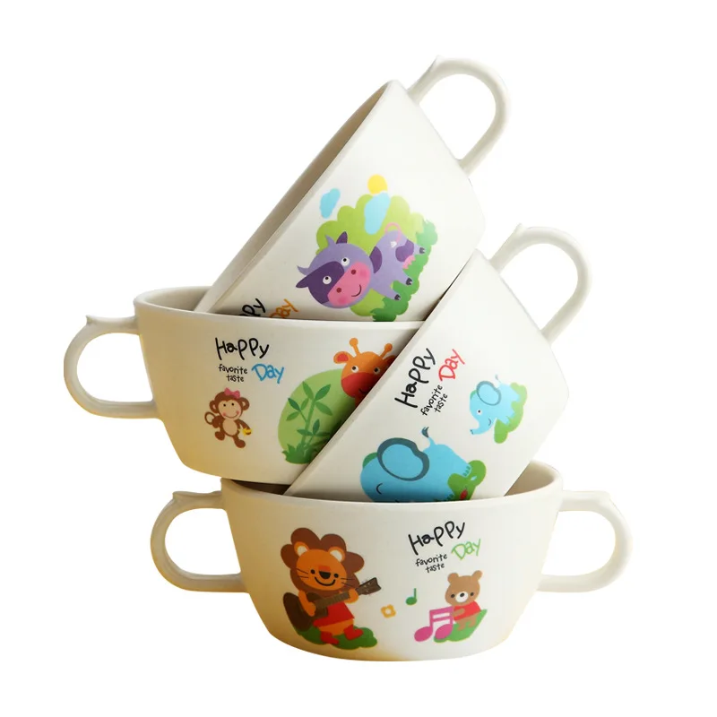 

4 Types Bamboo Children's Double Ear Bowl Baby's Food tableware Domestic Soup Cute Bowl with Handle Basin Plate Meal Cup Mug