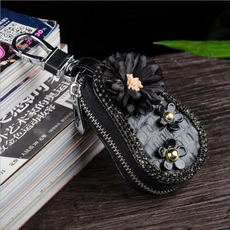 Flower Pink Black White Leather Car Key Bag Case Cover Shiny Rhinestone Inlaid Zipper Car Accessories Car Key Holder Chain