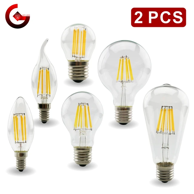 2pcs E27 E14 Retro Edison LED Filament Bulb Lamp AC220V Light Bulb C35 G45 A60 ST64 G80 G95 G125 Glass Bulb Vintage Candle Light 1