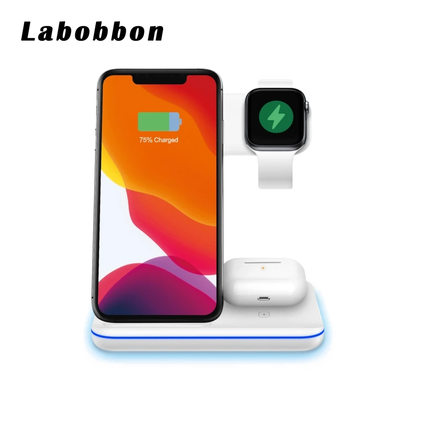 Labobbon Wireless Charger Stand 3 in 1 Qi 15W Fast Charging Dock Station For Apple Watch iWatch 6 5 4 AirPods iPhone 12 11 X XR
