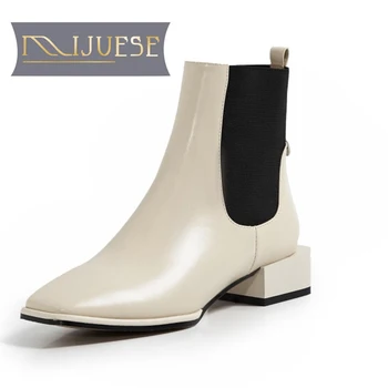 

MLJUESE 2021 women ankle boots soft Cow leather winter short plush slip on square toe high heels female Chelsea boots size 34-40