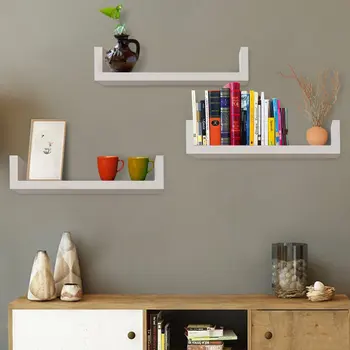 

Set of 3 Floating Display Shelves Ledge Bookshelf Wall Mount Storage Home Decor White Wall Mounted U Shape Shelves