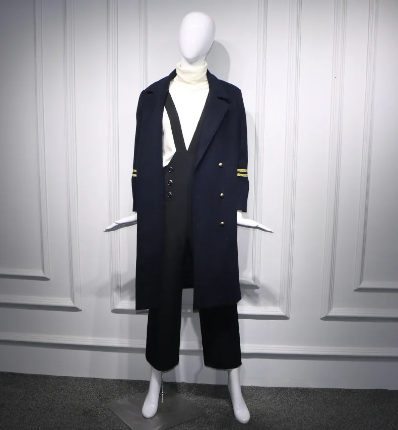 Милитари стиль темно-синее Женское шерстяное пальто зимнее двубортное свободное прямое длинное пальто с отложным воротником пальто B109