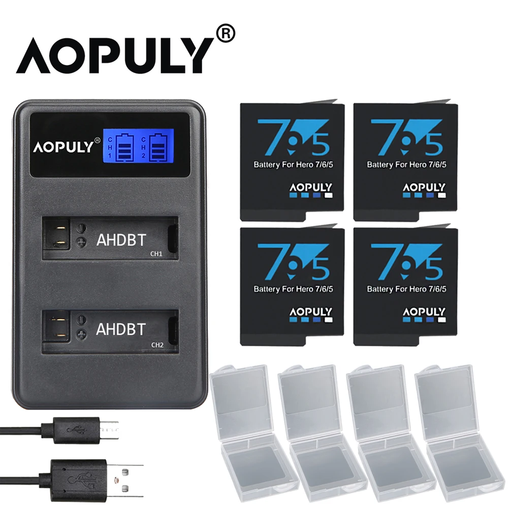 Оригинальный аккумулятор AOPULY для GoPro Hero 8 7 6 5 черный или тройное зарядное